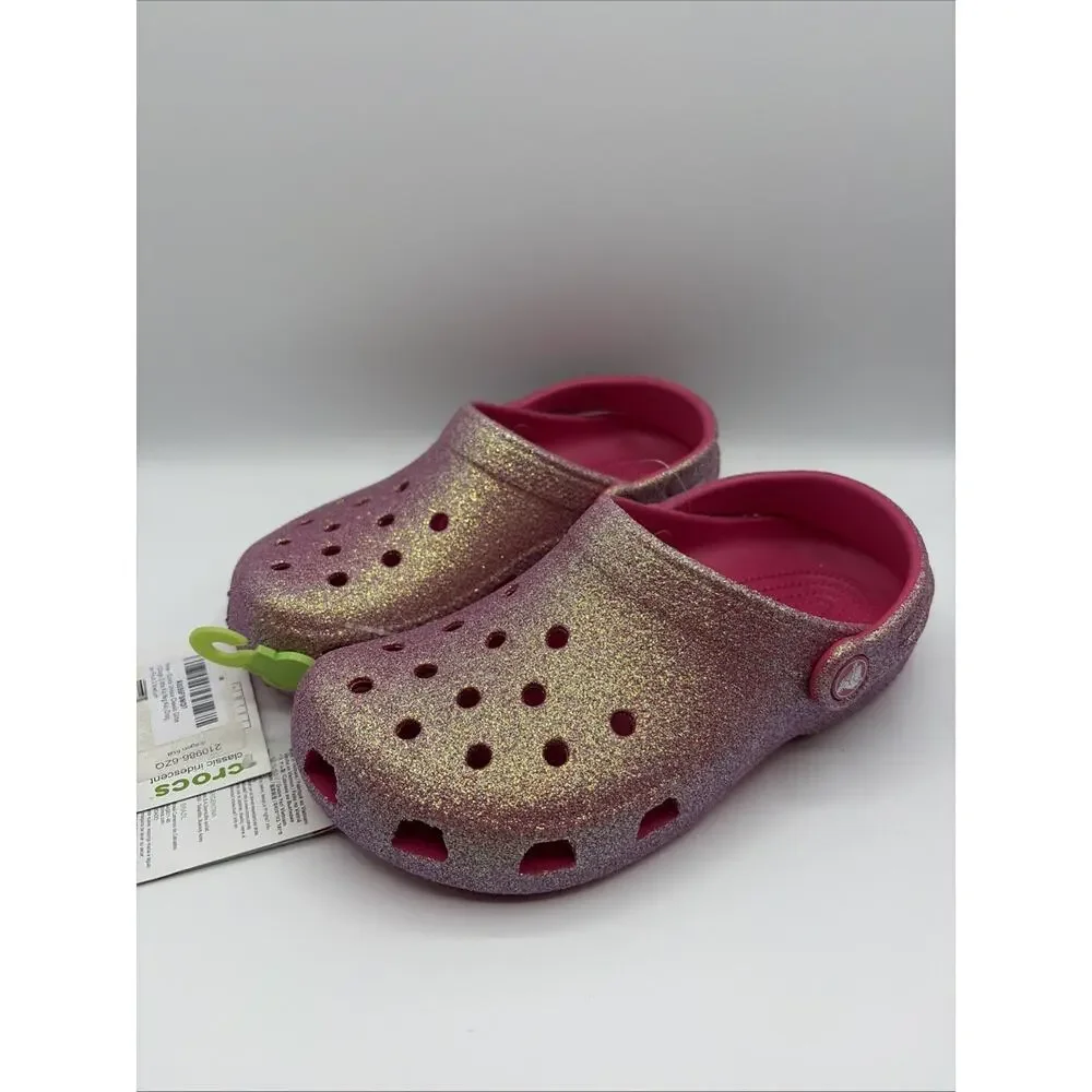 Crocs Classic Chunky Glitter Clog Iridescent Dragon Fruit Pink Kids Size J3 NWT